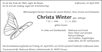 Traueranzeige von Christa Winter von Schwäbische Post