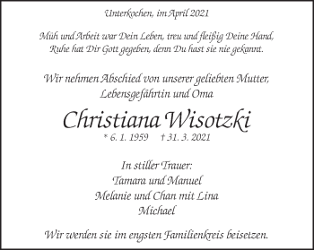 Traueranzeige von Christiana Wisotzki von Schwäbische Post