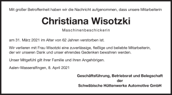 Traueranzeige von Christiana Wisotzki von Schwäbische Post