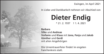 Traueranzeige von Dieter Endig von Schwäbische Post