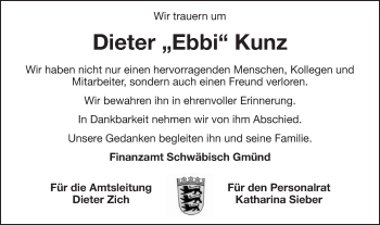 Traueranzeige von Dieter Kunz von Gmünder Tagespost