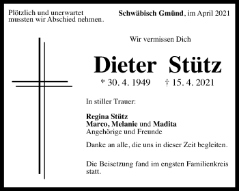 Traueranzeige von Dieter Stütz von Gmünder Tagespost