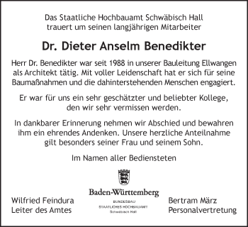 Traueranzeige von Dieter Anselm Benedikter von Schwäbische Post
