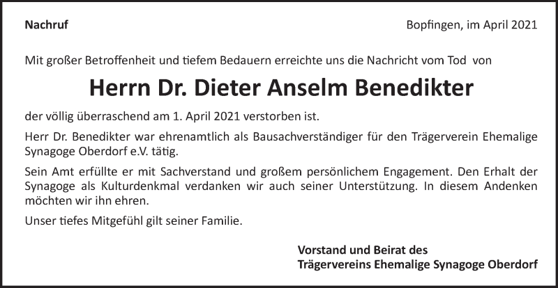  Traueranzeige für Dieter Anselm Benedikter vom 07.04.2021 aus Schwäbische Post