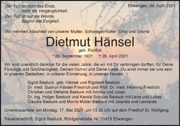 Traueranzeige von Dietmut Hänsel von Schwäbische Post
