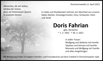 Traueranzeige von Doris Fahrian von Schwäbische Post