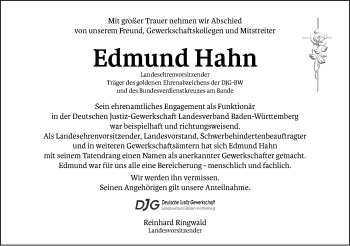 Traueranzeige von Edmund Hahn von Gmünder Tagespost