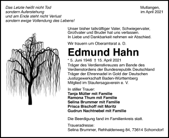 Traueranzeige von Edmund Hahn von Gmünder Tagespost