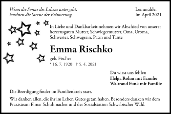 Traueranzeige von Emma Rischko von Gmünder Tagespost