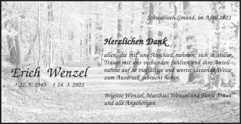 Traueranzeige von Erich Wenzel von Gmünder Tagespost