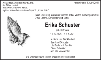 Traueranzeige von Erika Schuster von Schwäbische Post