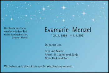 Traueranzeige von Evamarie Menzel