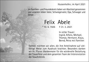 Traueranzeige von Felix Abele von Gmünder Tagespost