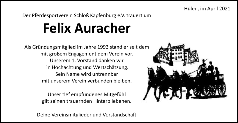  Traueranzeige für Felix Auracher vom 10.04.2021 aus Schwäbische Post