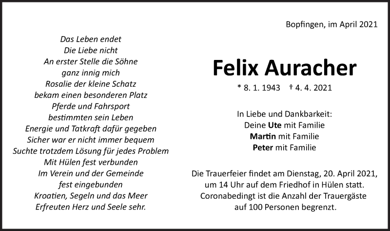  Traueranzeige für Felix Auracher vom 10.04.2021 aus Schwäbische Post