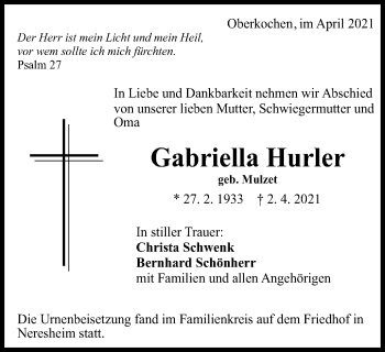 Traueranzeige von Gabriella Hurler von Schwäbische Post