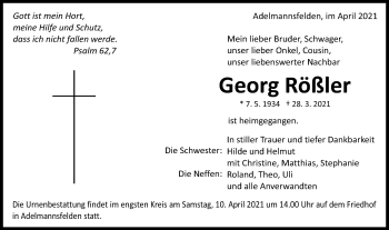 Traueranzeige von Georg Rößler von Schwäbische Post