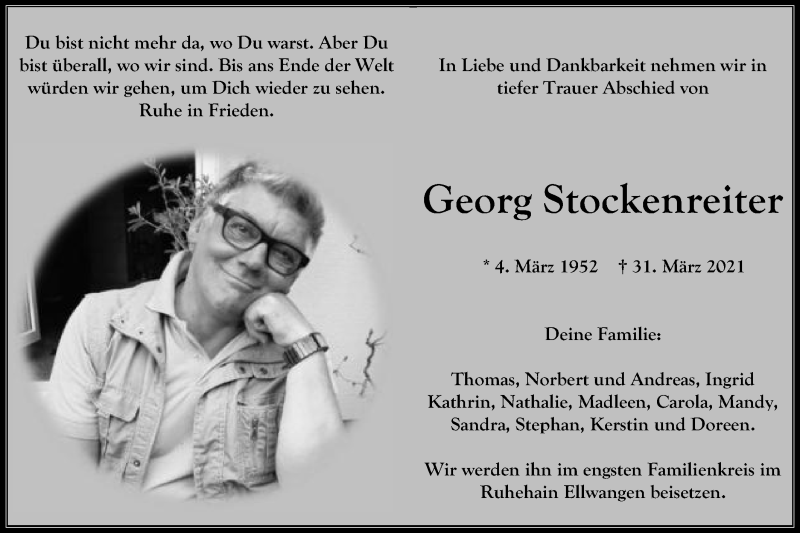  Traueranzeige für Georg Stockenreiter vom 07.04.2021 aus Schwäbische Post