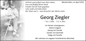 Traueranzeige von Georg Ziegler von Schwäbische Post