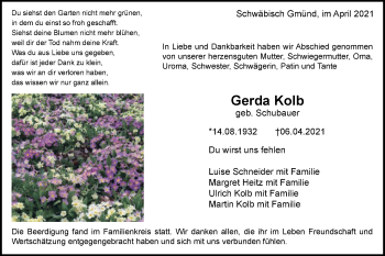 Traueranzeige von Gerda Kolb von Gmünder Tagespost