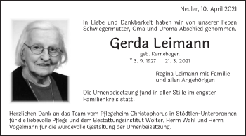 Traueranzeige von Gerda Leimann von Schwäbische Post