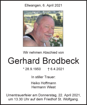 Traueranzeige von Gerhard Brodbeck von Schwäbische Post