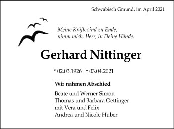 Traueranzeige von Gerhard Nittinger von Gmünder Tagespost