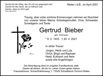 Traueranzeige von Gertrud Bieber von Gmünder Tagespost