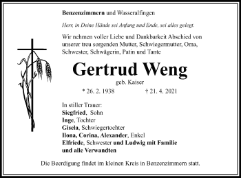 Traueranzeige von Gertrud Weng von Schwäbische Post