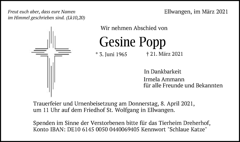  Traueranzeige für Gesine Popp vom 03.04.2021 aus Schwäbische Post