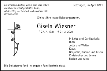 Traueranzeige von Gisela Wiesner von Gmünder Tagespost