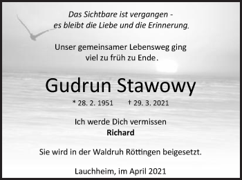 Traueranzeige von Gudrun Stawowy von Schwäbische Post