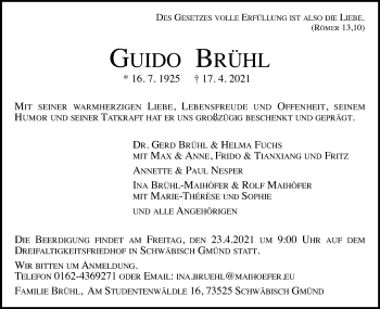 Traueranzeige von Guido Brühl