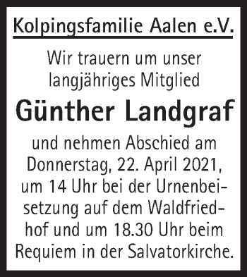 Traueranzeige von Günther Landgraf von Schwäbische Post
