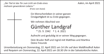 Traueranzeige von Günther Landgraf von Schwäbische Post