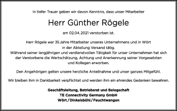 Traueranzeige von Günther Rögele von Schwäbische Post