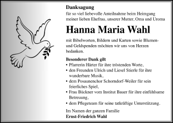 Traueranzeige von Hanna Maria Wahl von Gmünder Tagespost