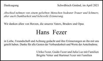 Traueranzeige von Hans Fezer von Gmünder Tagespost