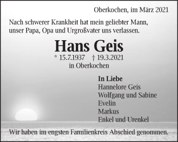 Traueranzeige von Hans Geis von Amtsblatt_Oko