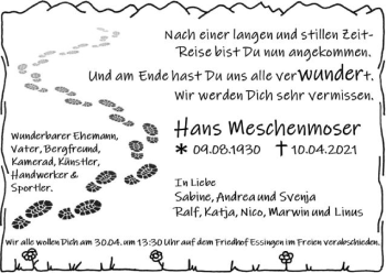 Traueranzeige von Hans Meschenmoser von Schwäbische Post