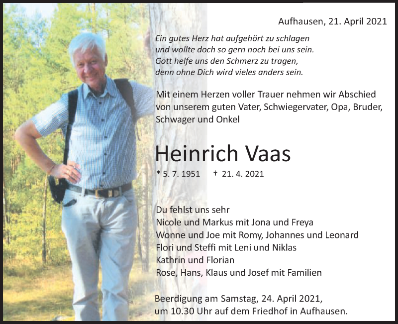  Traueranzeige für Heinrich Vaas vom 23.04.2021 aus Schwäbische Post