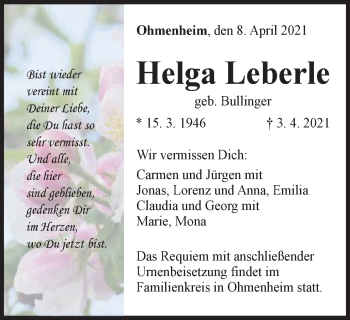 Traueranzeige von Helga Leberle von Schwäbische Post