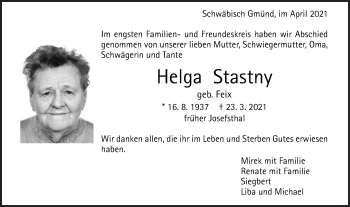 Traueranzeige von Helga Stastny von Gmünder Tagespost