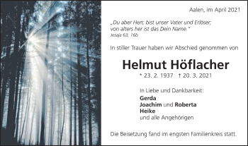 Traueranzeige von Helmut Höflacher von Schwäbische Post
