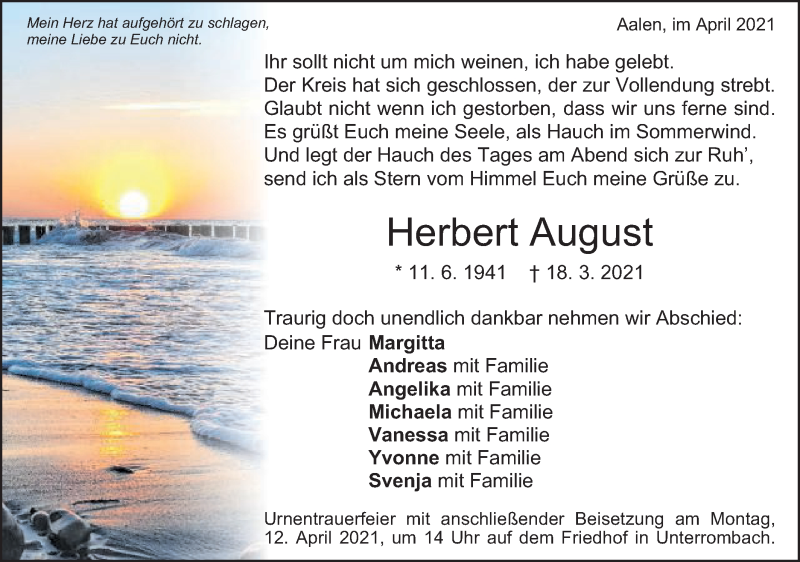  Traueranzeige für Herbert August vom 08.04.2021 aus Schwäbische Post