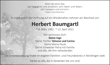 Traueranzeige von Herbert Baumgartl von Schwäbische Post