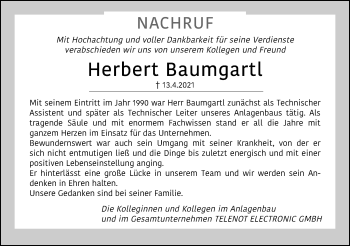 Traueranzeige von Herbert Baumgartl von Schwäbische Post