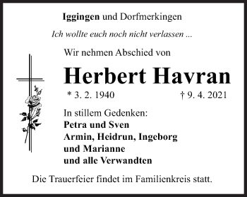 Traueranzeige von Herbert Havran von Gmünder Tagespost