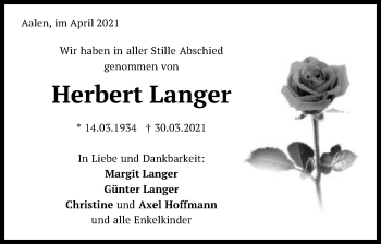 Traueranzeige von Herbert Langer von Schwäbische Post