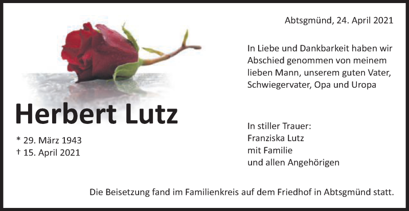  Traueranzeige für Herbert Lutz vom 24.04.2021 aus Schwäbische Post